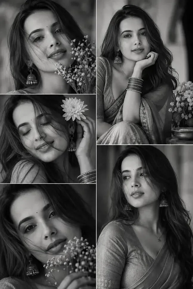 Elegant Black And White Photography Grid Featuring A South Asian Woman In A Traditional Saree With Classic Jhumka Earrin AI Photo Prompt preview example result