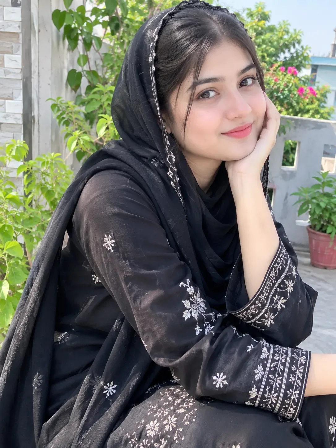 Elegant Black Outfit Beautiful Garden Portrait AI Photo Prompt preview example result