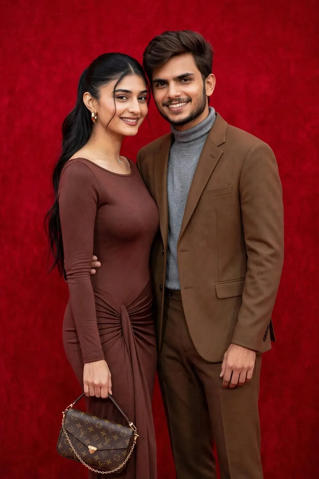 Elegant Couple On Red Velvet Brown Coordinated Outfit AI Photo Prompt preview example result