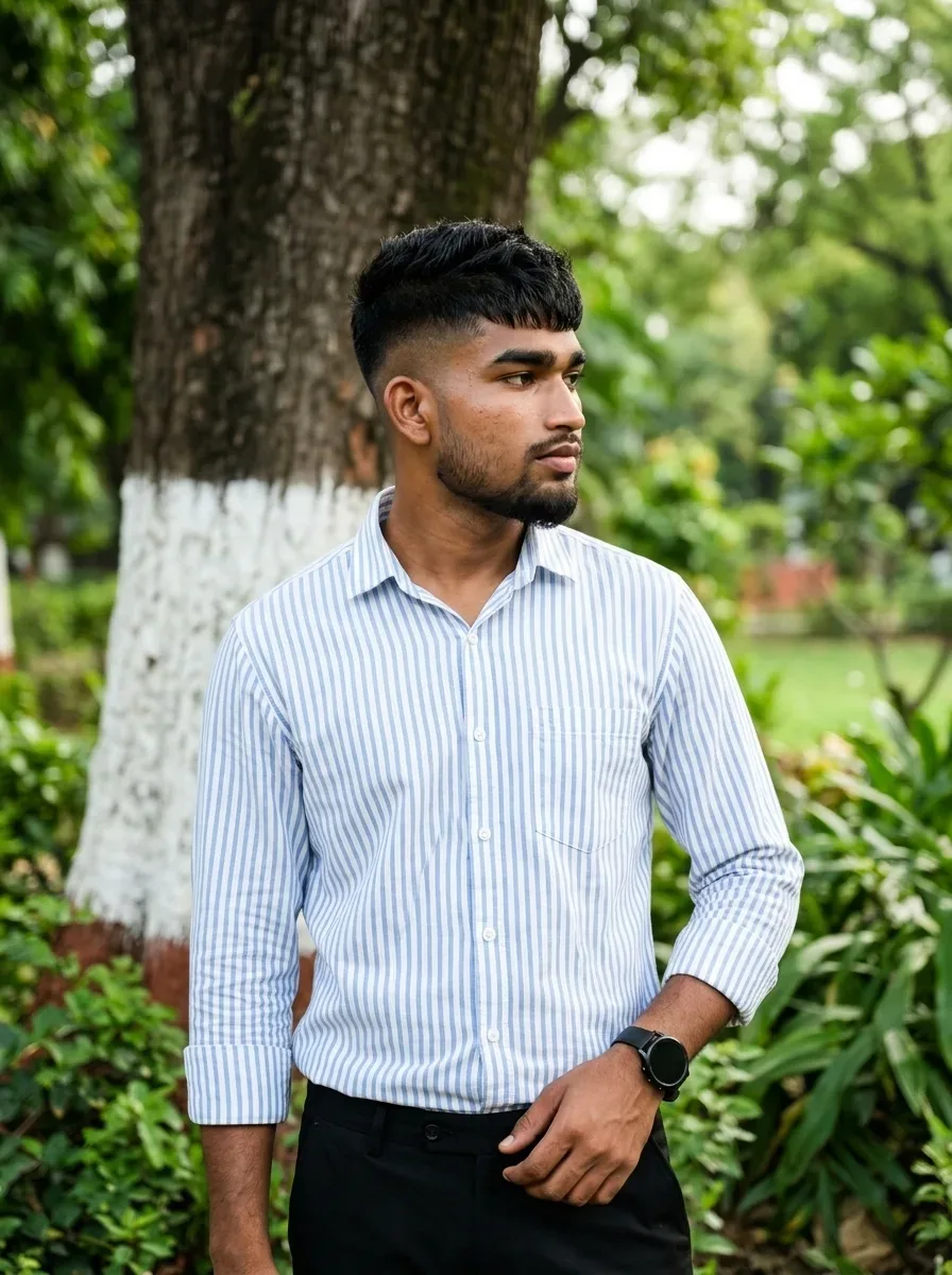Elegant Garden Park Male Portrait In Blue Pinstripe Shirt AI Photo Prompt preview example result