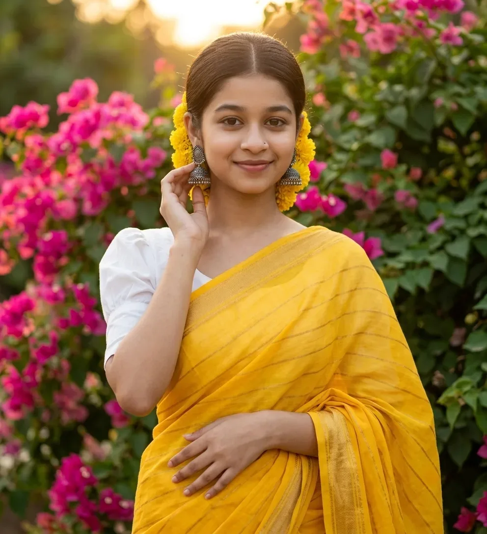 Elegant Indian Woman In Yellow Saree With Pink Bougainvillea Garden AI Photo Prompt preview example result