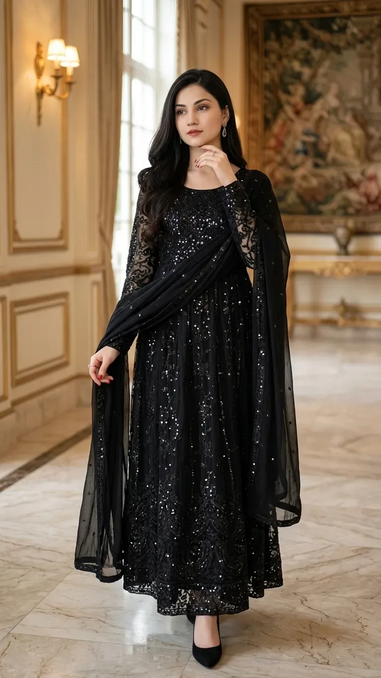 Elegant Lady In A Sequin And Lace Black Gown AI Photo Prompt preview example result