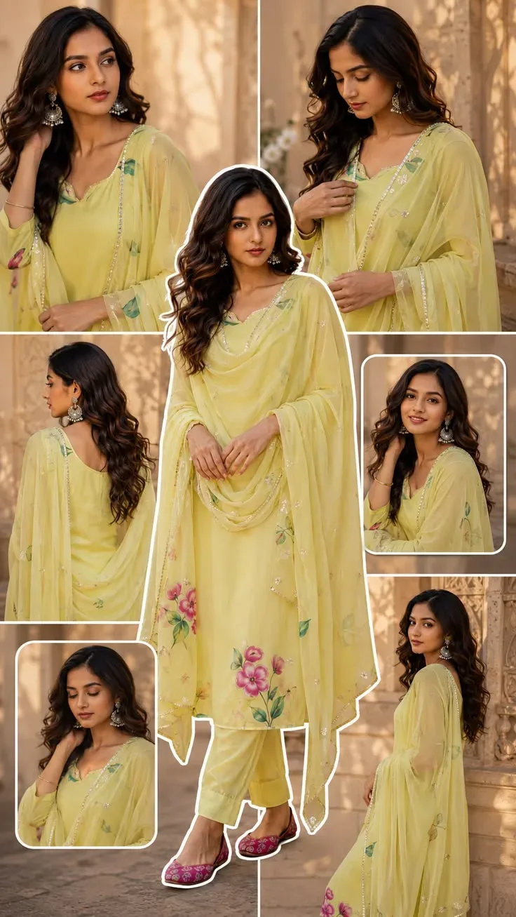 Elegant Lemon Yellow South Asian Fashion Editorial Collage AI Photo Prompt preview example result