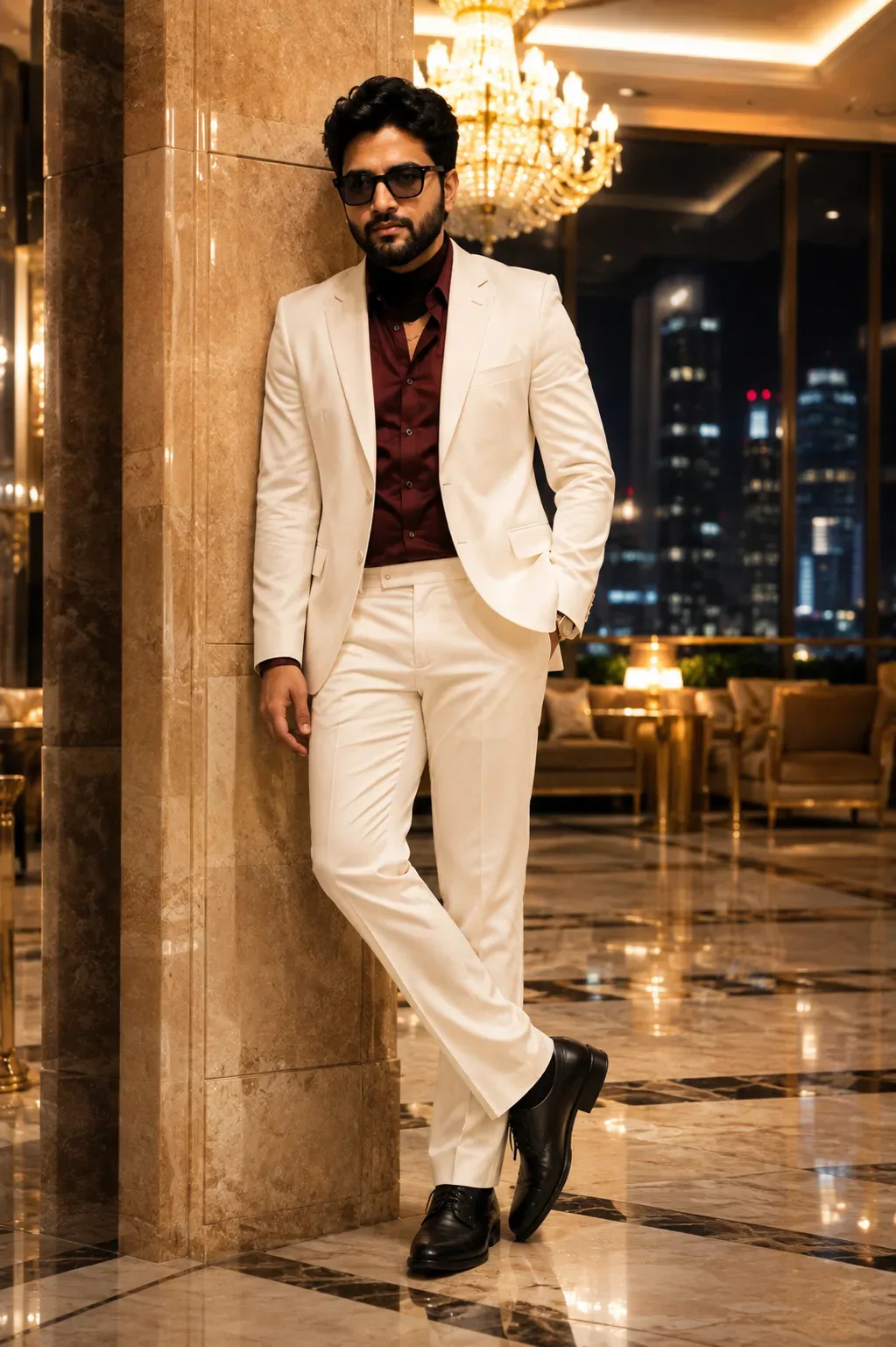 Elegant Man In A Marble Hotel Lobby AI Photo Prompt preview example result