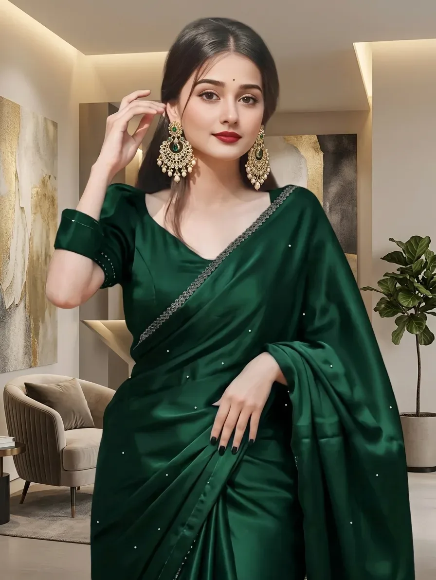 Elegant Portrait Of A Young Women In An Emerald Green Silk Sari AI Photo Prompt preview example result