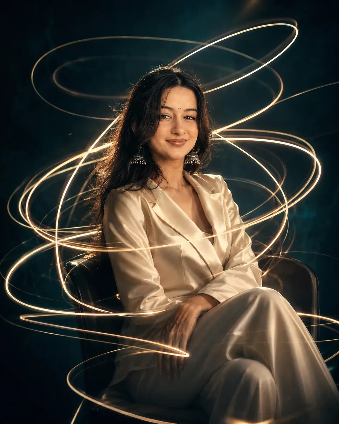 Elegant Portrait With Golden Light Trails AI Photo Prompt preview example result