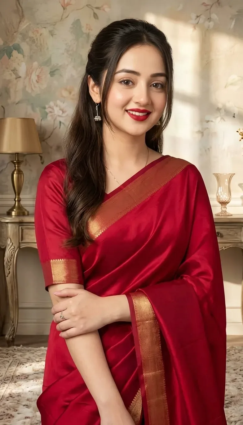 Elegant Red Silk Saree Portrait AI Photo Prompt preview example result