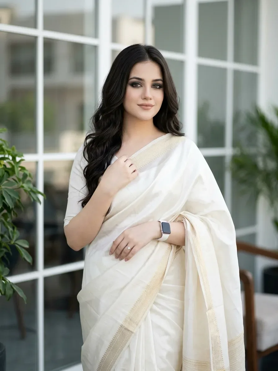 Elegant White Saree Smoky Makeup Portrait AI Photo Prompt preview example result