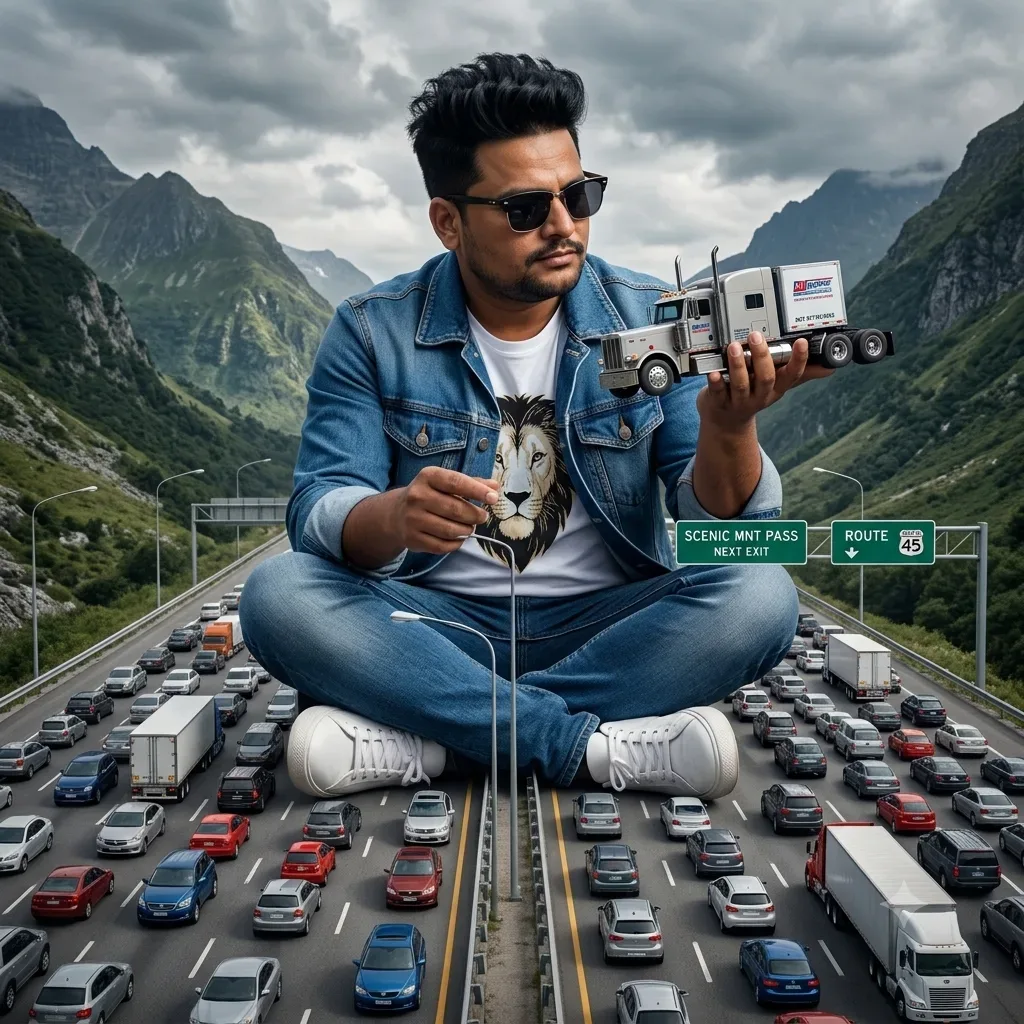 Epic & Cinematic The Highway Titan Colossus Of The Mountain Pass A Giant Among Machines AI Photo Prompt preview example result