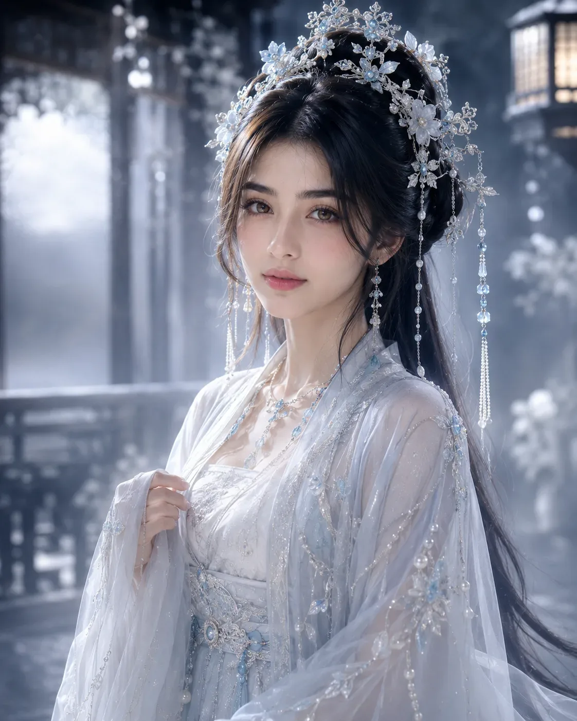 Ethereal Moonlit Xianxia Beauty Ancient Chinese Fantasy Portrait AI Photo Prompt preview example result