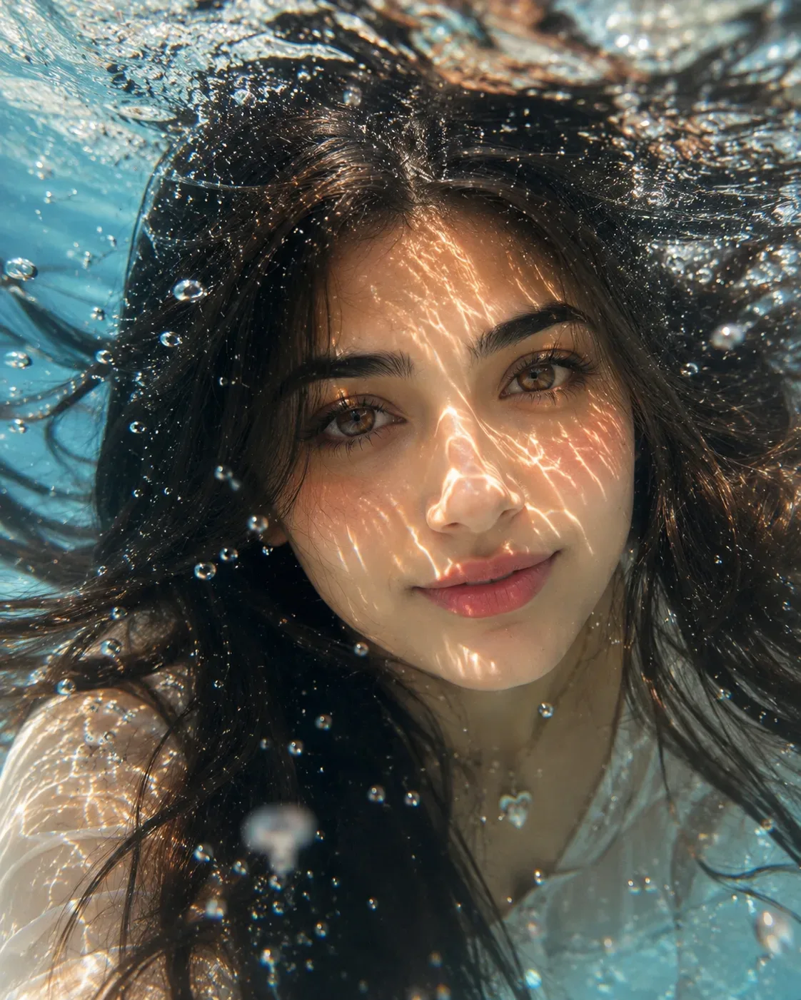 Ethereal Underwater Portrait Dreamy Light Reflections AI Photo Prompt preview example result