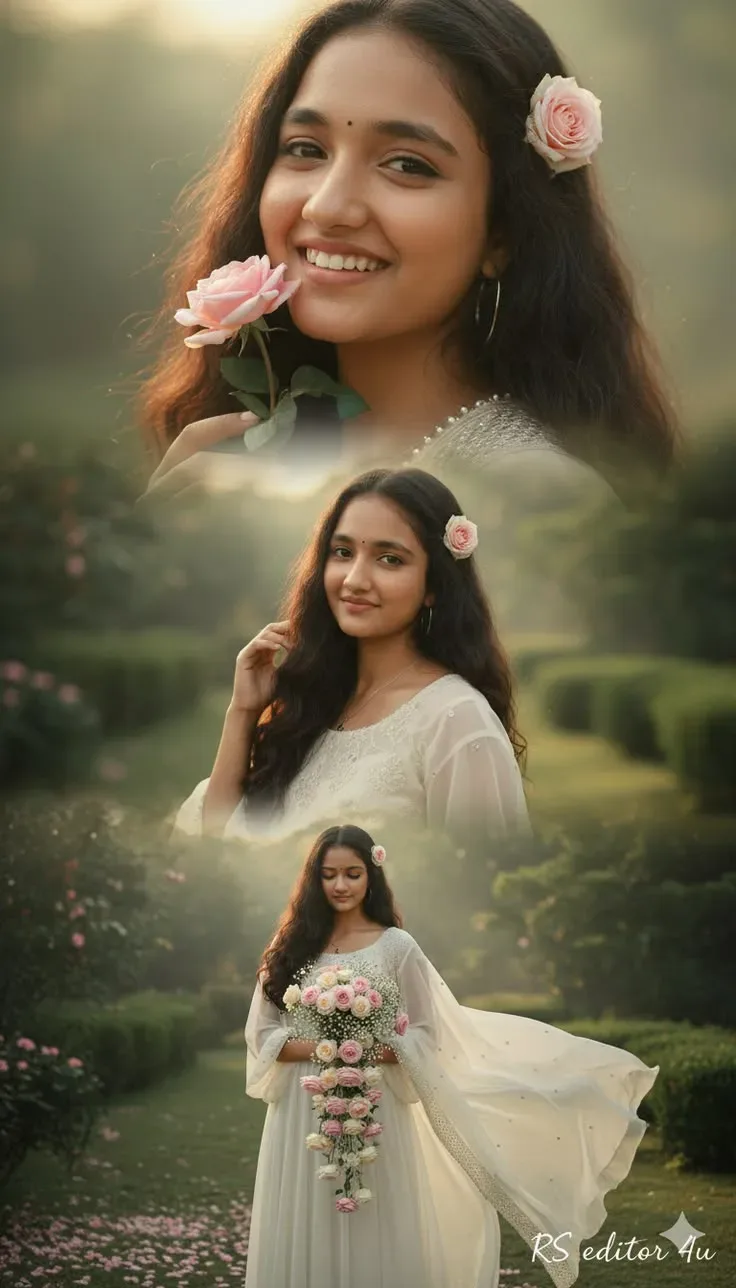 Ethereal Vertical Triple-exposure Collage Of A Smiling Woman In A White Dress Holding A Cascading Pink Rose Bouquet In A AI Photo Prompt preview example result
