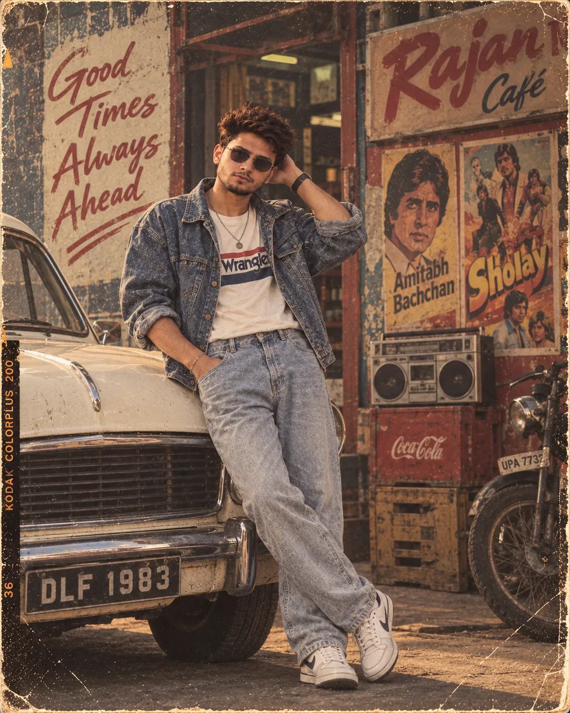 Exact 1980s Vintage Street > Create A Highly Realistic Vertical 4:5 Cinematic 1980s Indian Retro Fashion Phot AI Photo Prompt preview example result