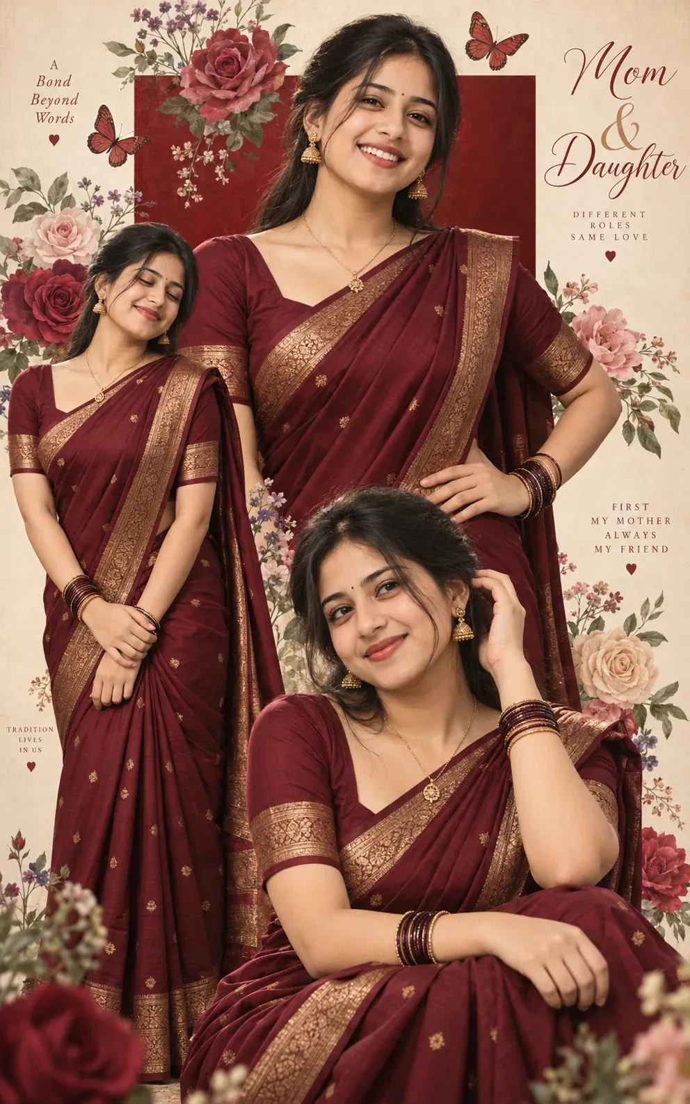 Exact AI Elegant Mother & Daughter Saree Collage AI Photo Prompt preview example result