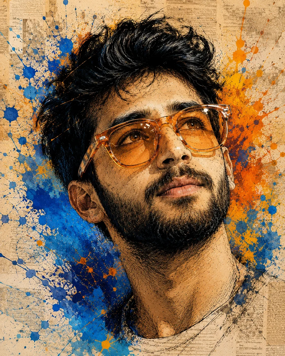 Expressive Ink Sketch Portrait AI Prompt | Editorial Mixed-Media Art with Vibrant Paint Splashes preview example result