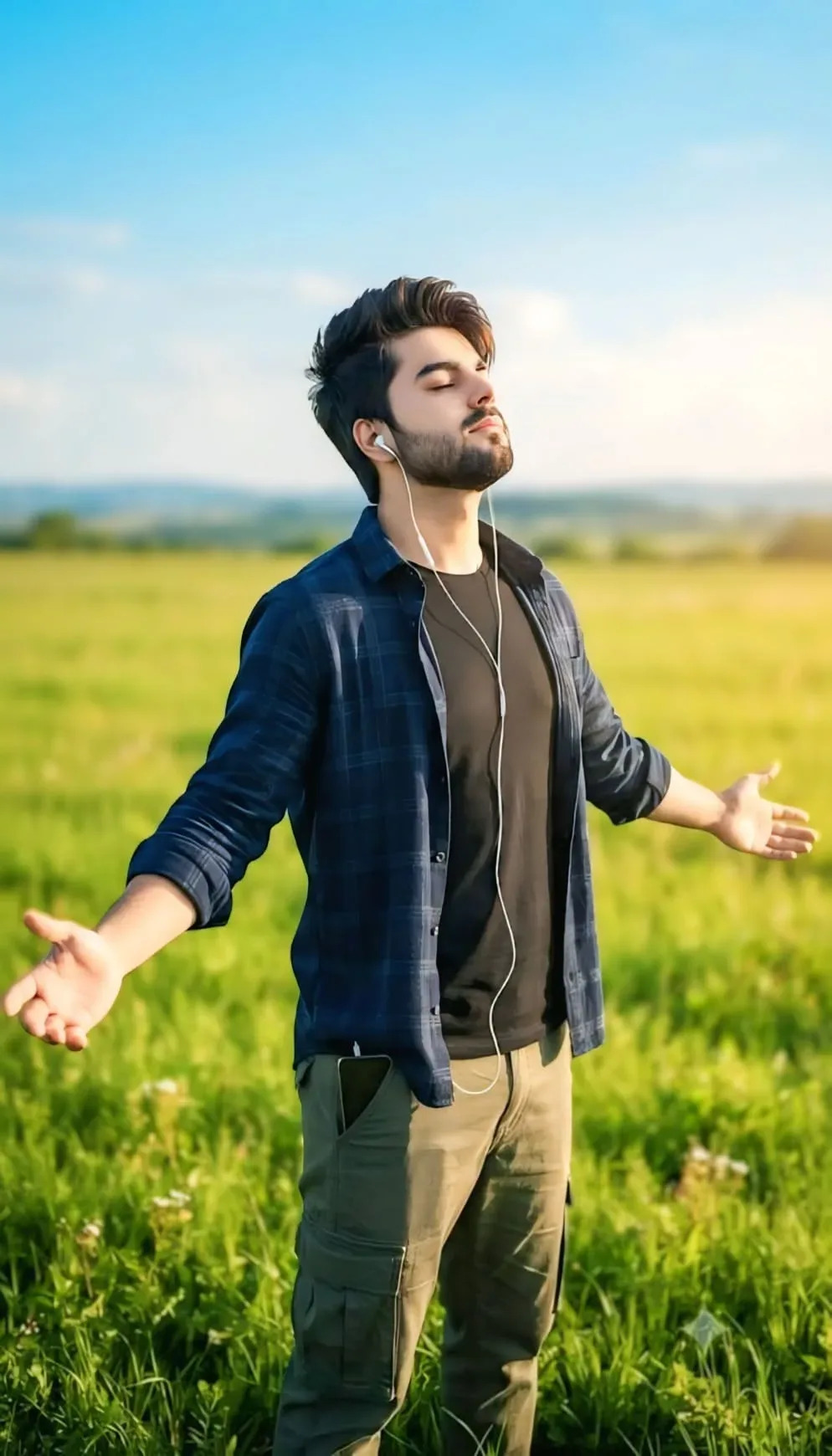 Feeling The Freedom: Young Man Relaxing In Nature With Music AI Photo Prompt preview example result