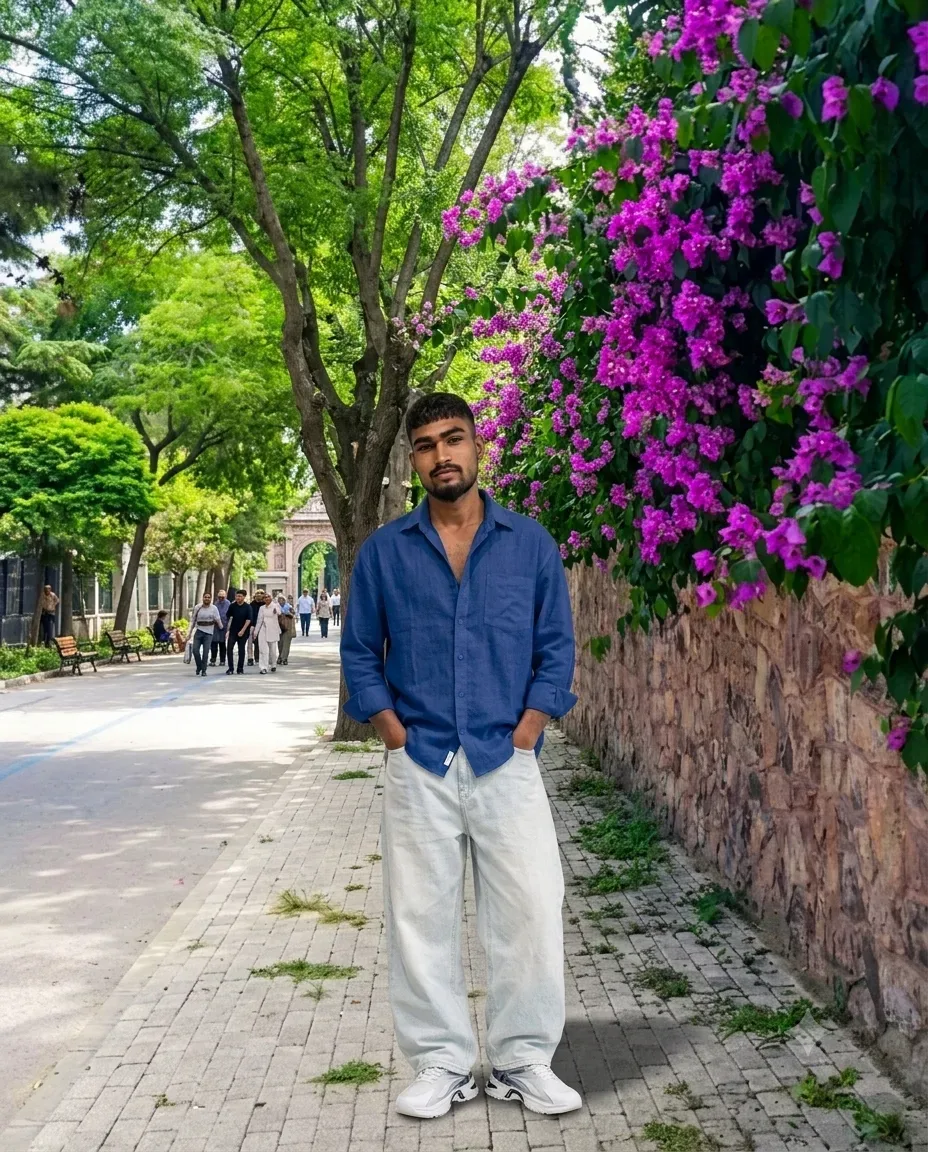 Full-body Streetwear Male Portrait By Bougainvillea Floral Wall AI Photo Prompt preview example result