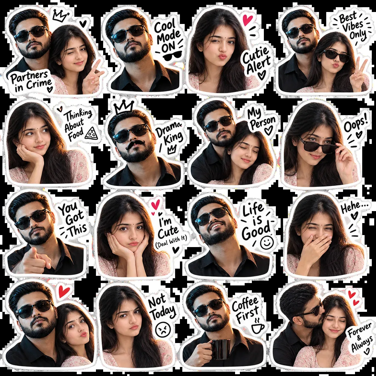 Funny Couple Reaction Sticker Pack 16 Poses AI Photo Prompt preview example result