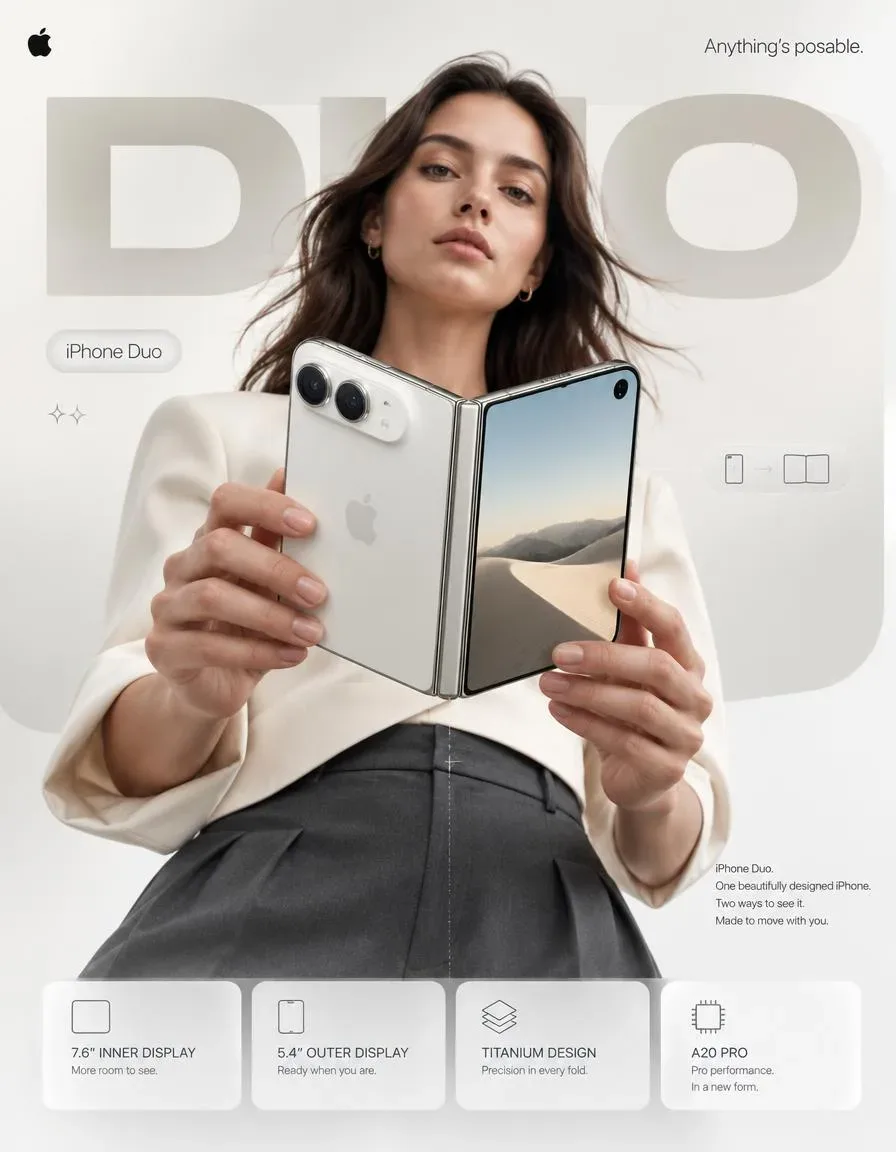 Futuristic Apple Foldable Iphone Duo Commercial Poster Female Portrait AI Photo Prompt preview example result