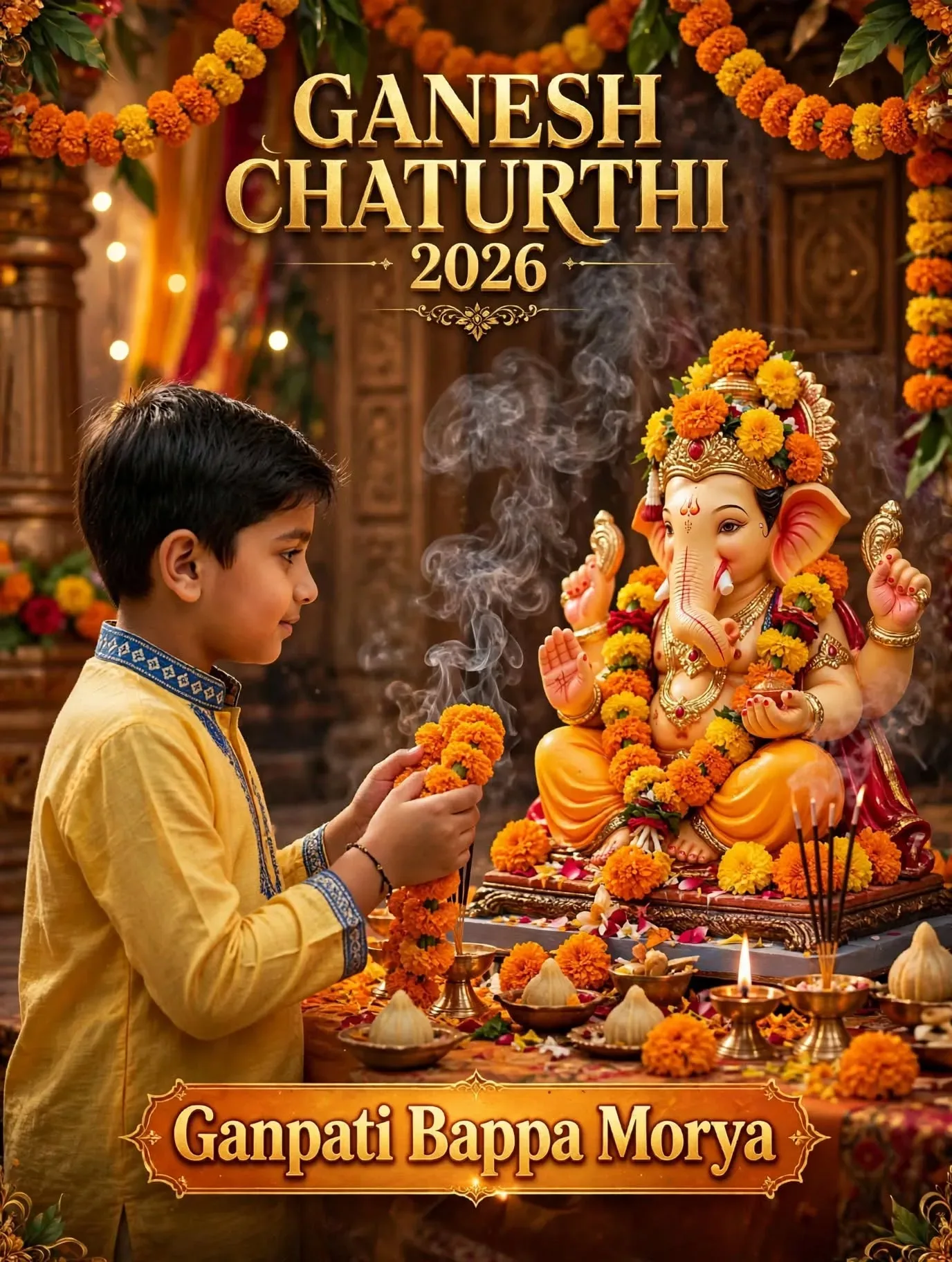 Ganesh Chaturthi 2026 Ganpati Bappa Morya Festive Poster AI Photo Prompt preview example result