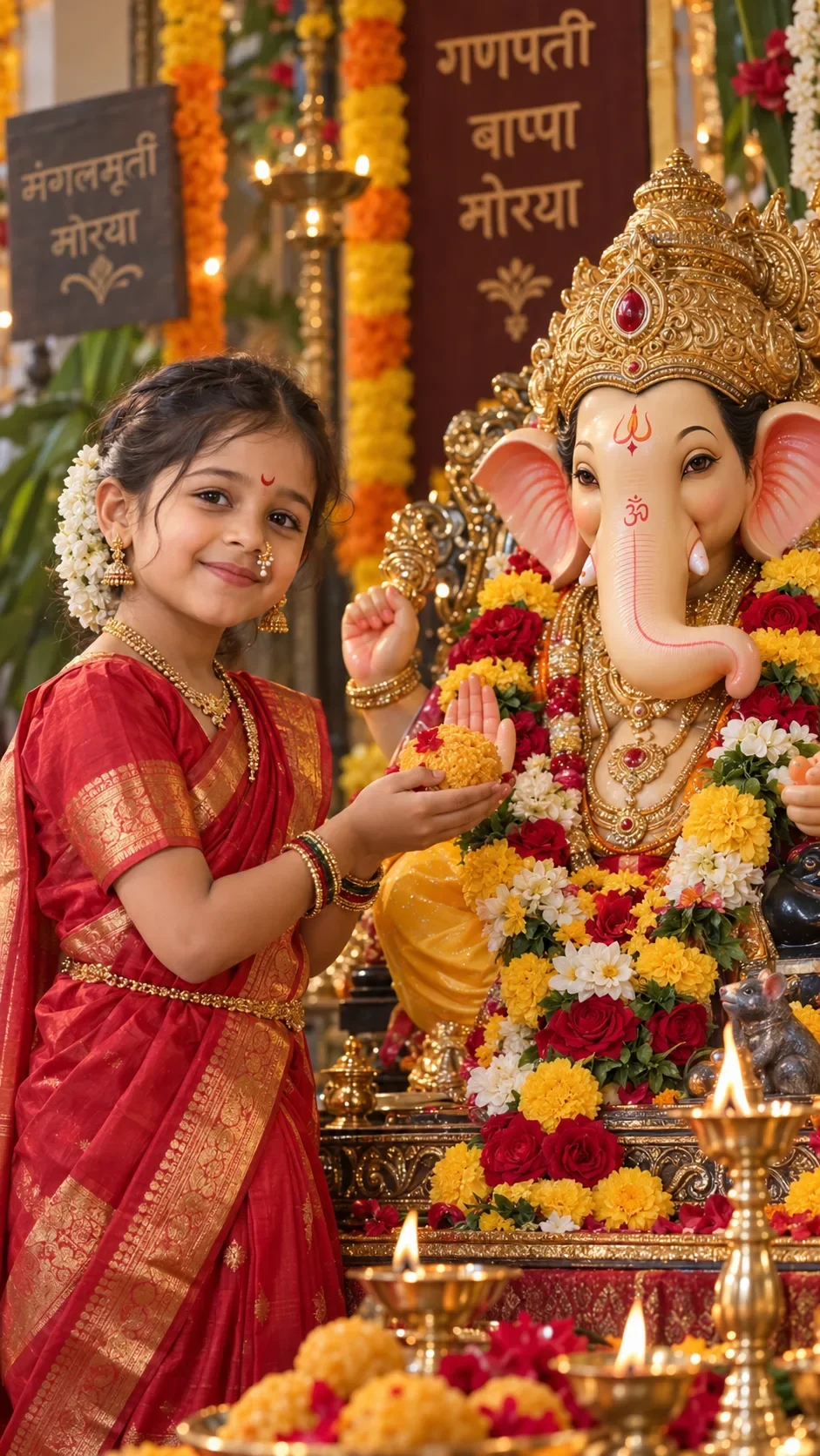 Ganesh Chaturthi Little Girl Devotional Idol AI Photo Prompt preview example result