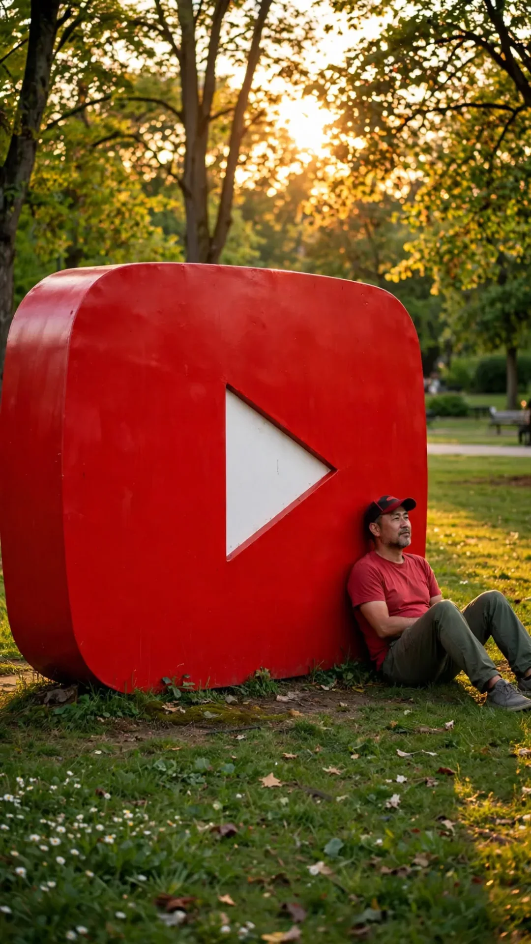 Giant Youtube Play Button Creator Sitting In Park AI Photo Prompt preview example result