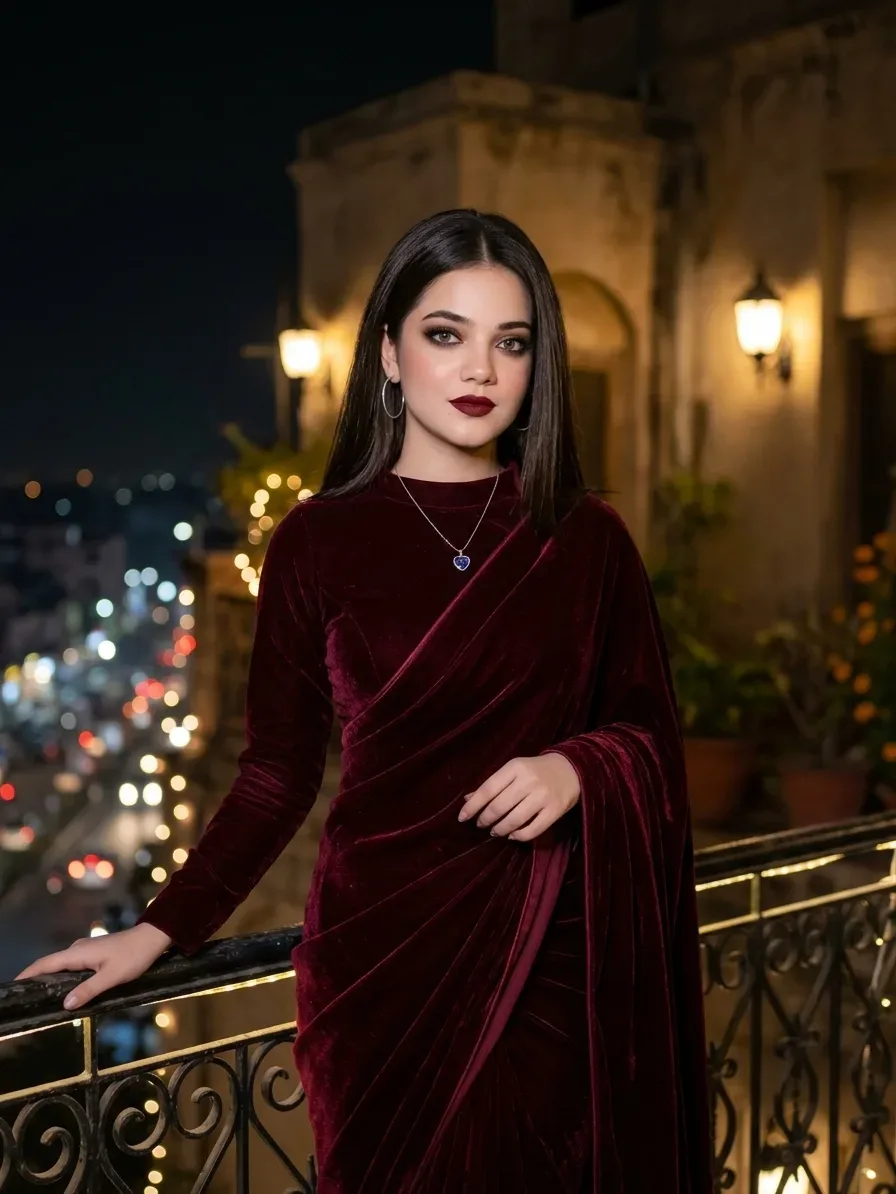 Glamorous Deep Valvet Evening Saree On Earban Night Balcony AI Photo Prompt preview example result