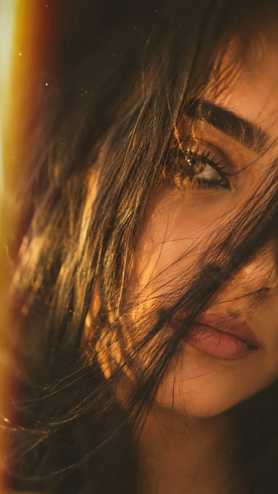 Golden Eye Portrait Cinematic Hair Peek Close-up With Vintage Film Aesthetic AI Photo Prompt preview example result