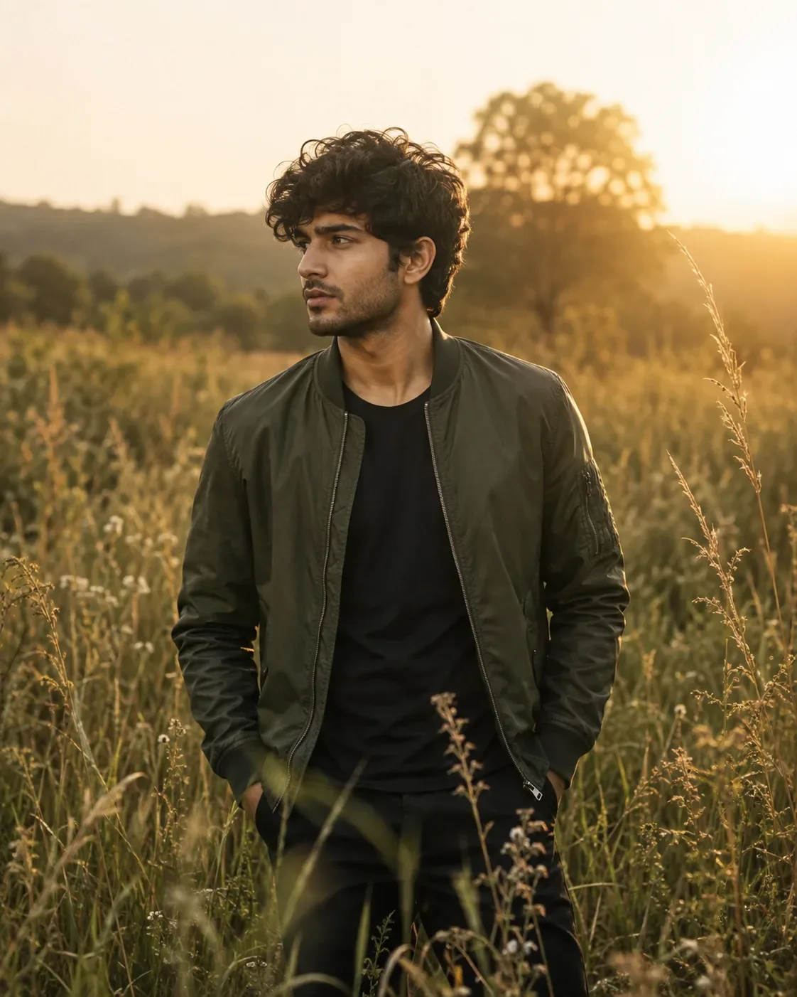 Golden Field Cinematic Olive Bomber Portrait AI Photo Prompt preview example result
