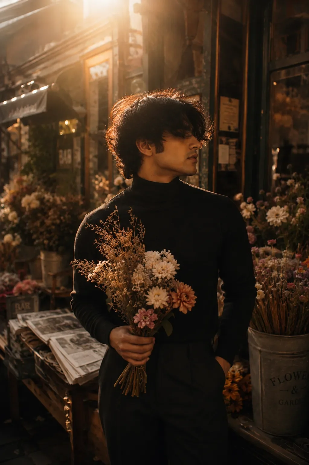 Golden Hour At The Flower Stall AI Photo Prompt preview example result