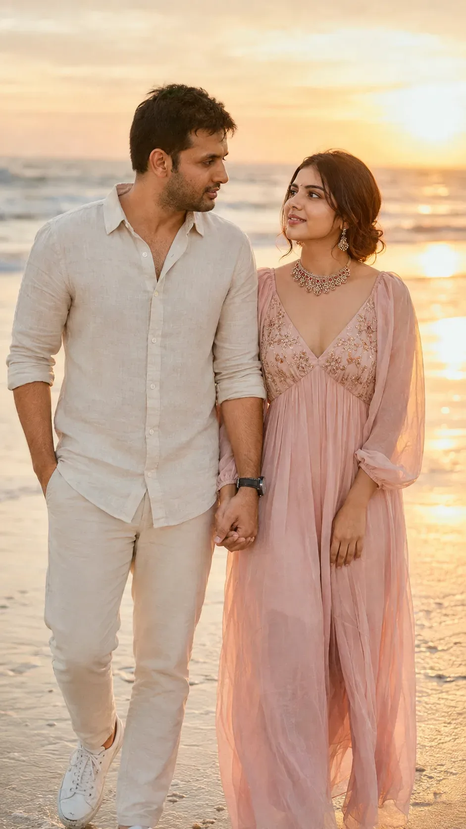 Golden-hour Beach Walk Couple Portrait AI Photo Prompt preview example result