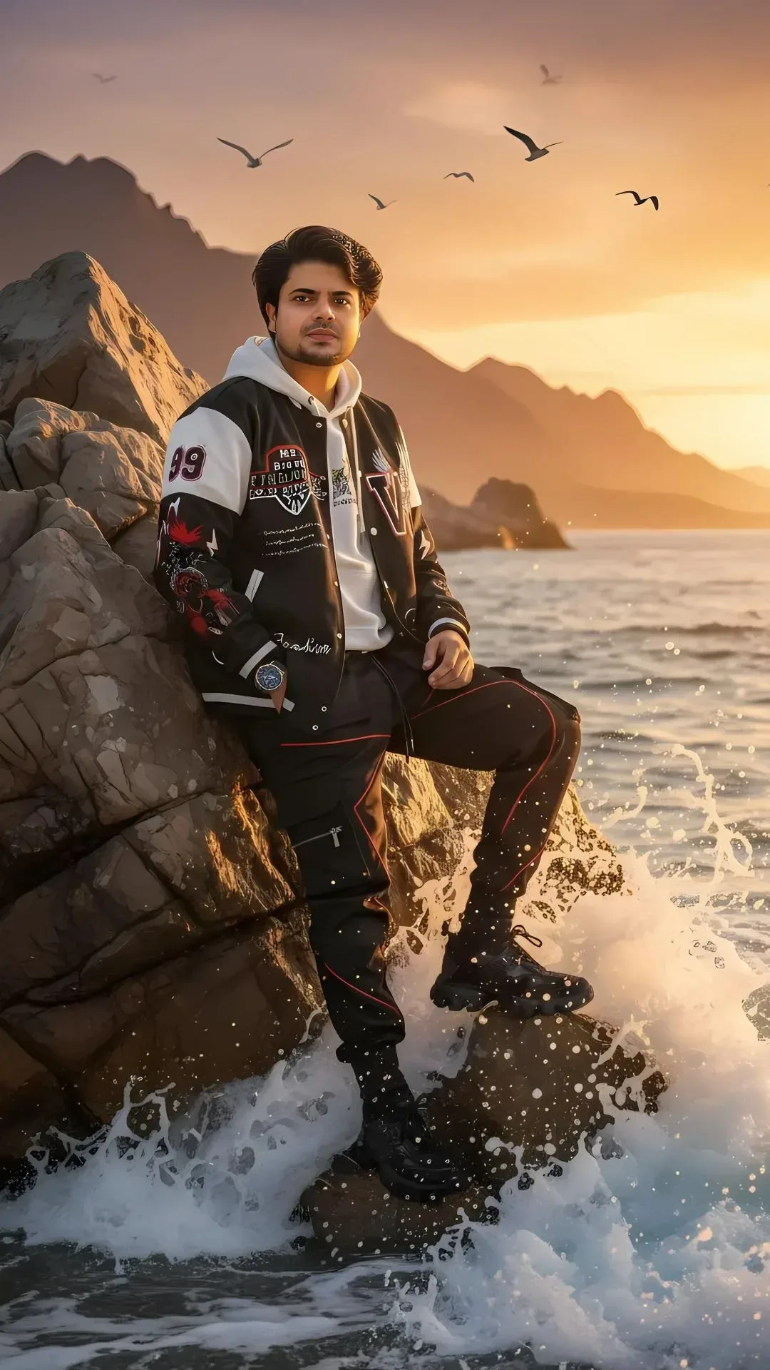 Golden Hour Coastal Rock Varsity Outfit Portrait AI Photo Prompt preview example result