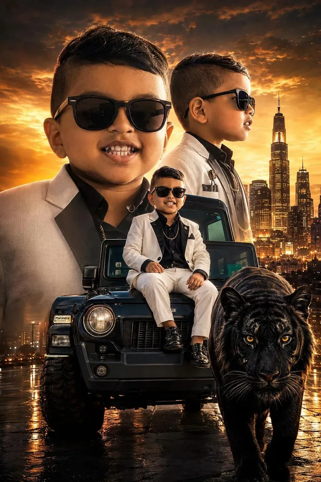 Golden Hour Composite : Boy, Black Tiger, And SUV With City Skyline AI Photo Prompt preview example result