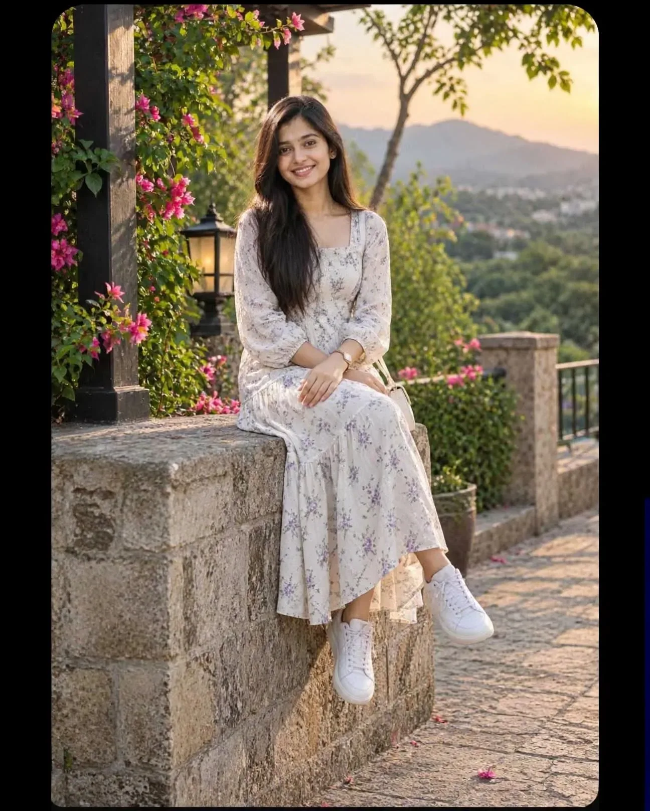 Golden Hour Floral Dress Sunset Terrace Aesthetic Portrait AI Photo Prompt preview example result
