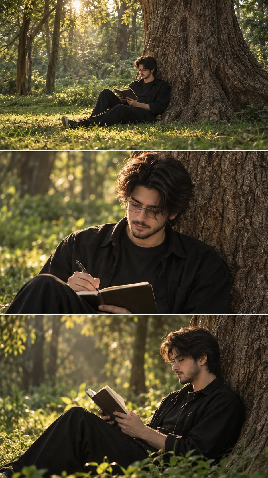 Golden-Hour Forest Reading Triptych AI Photo Prompt preview example result