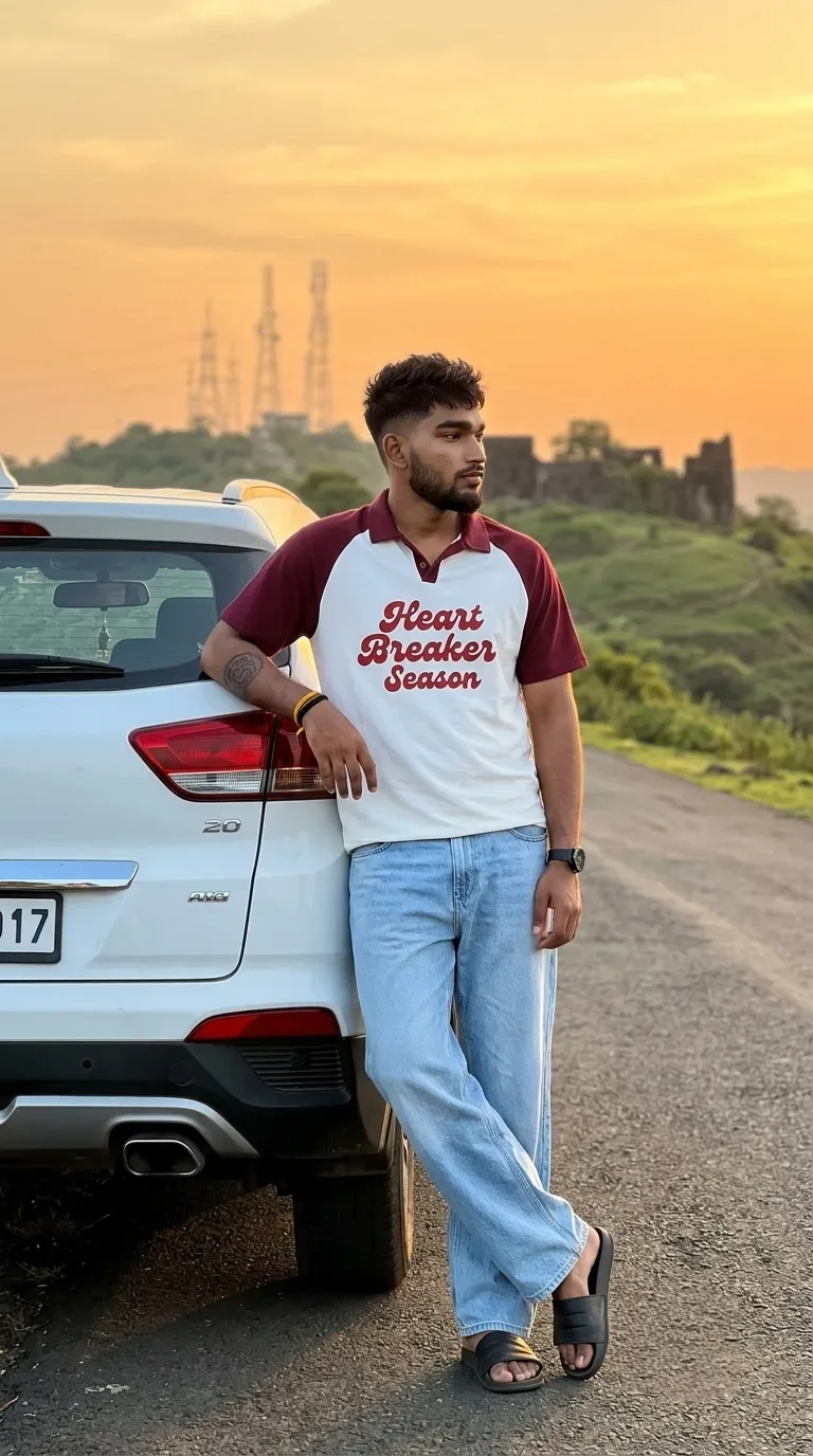 Golden Hour Highway Male Portrait Leaning Against White Car In Raglan Polo AI Photo Prompt preview example result