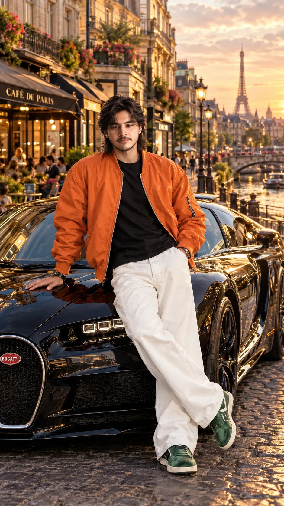 Golden Hour Luxury European Streets & Bugatti Chiron AI Photo Prompt preview example result