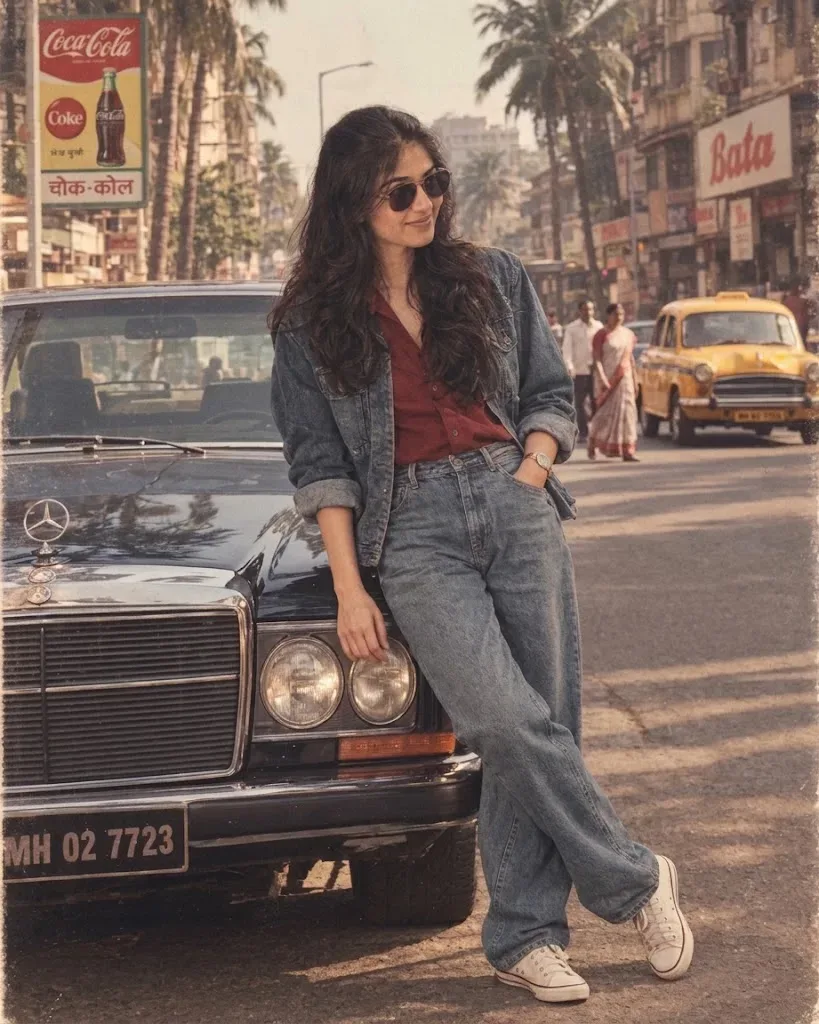 Golden Hour Nostalgia: Posing By A Vintage Mercedes-benz In Bombay AI Photo Prompt preview example result