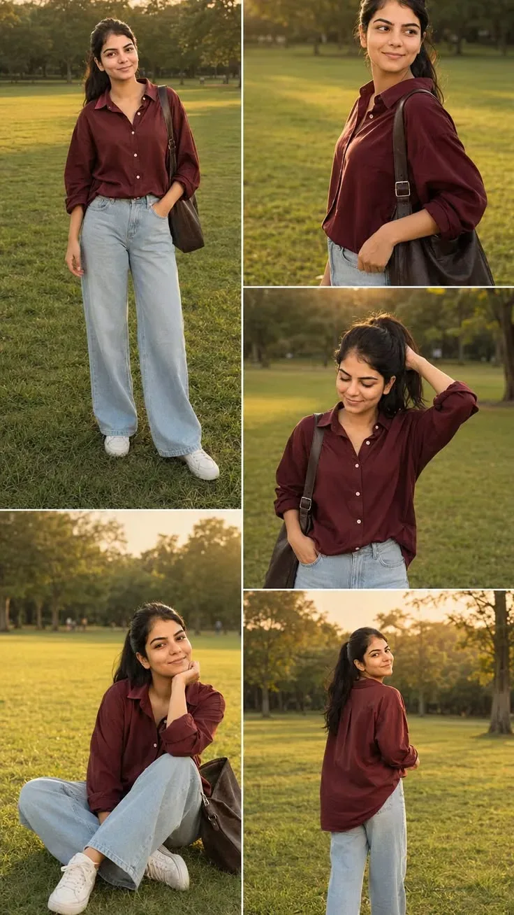 Golden Hour Outdoor Lifestyle Collage Of Young Woman In Burgundy Shirt & Wide-leg Jeans AI Photo Prompt preview example result
