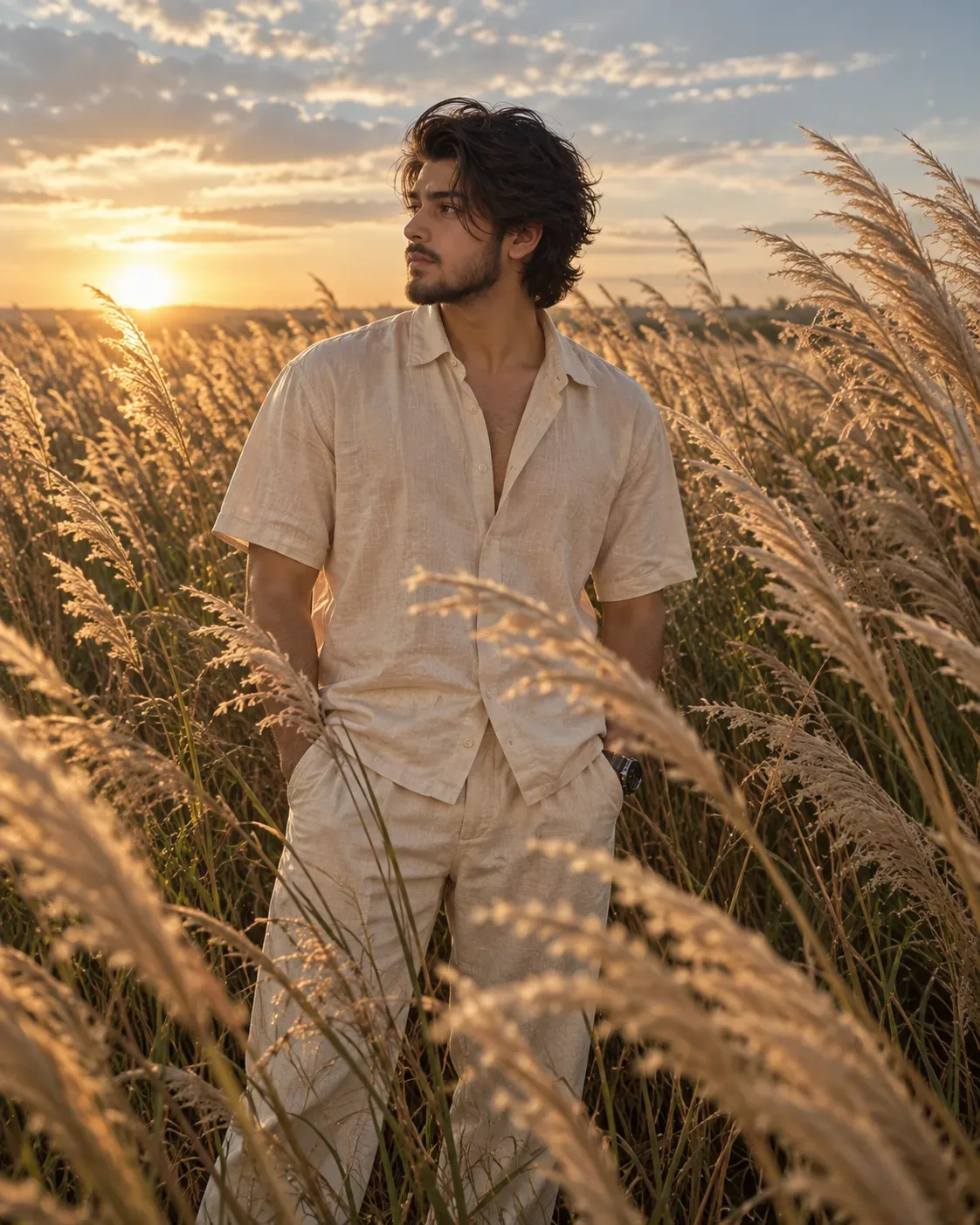 Golden-hour Pampas Field Portrait AI Photo Prompt preview example result