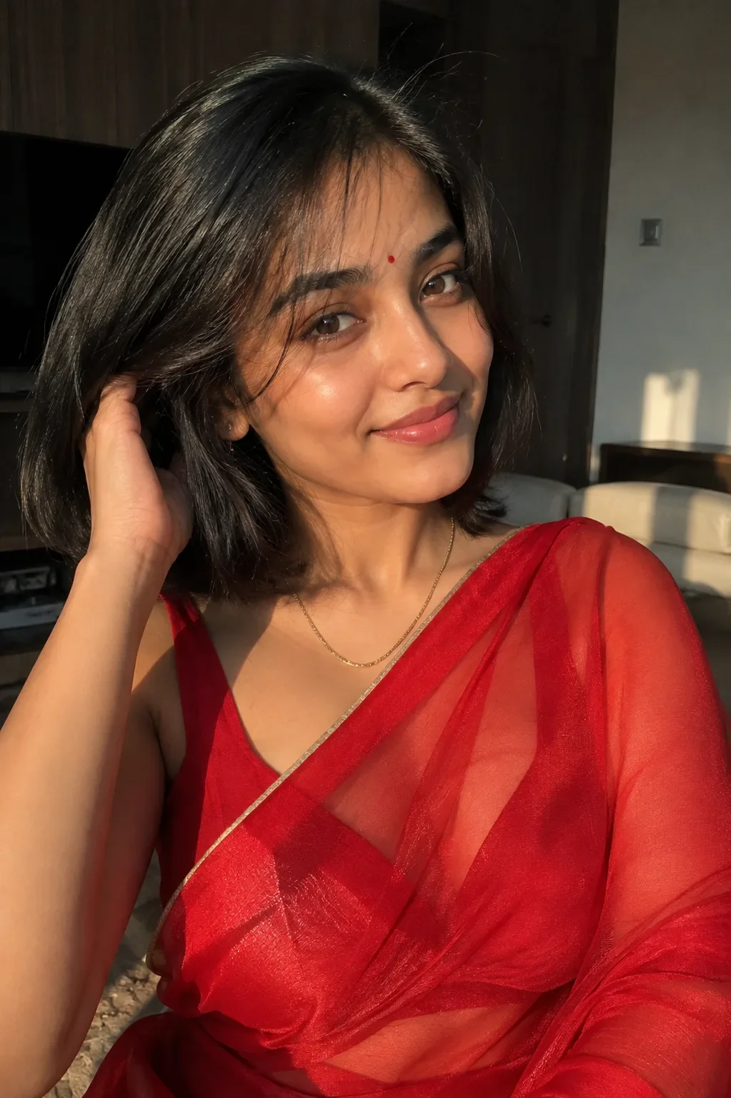 Golden Hour Red Saree Portrait AI Photo Prompt preview example result