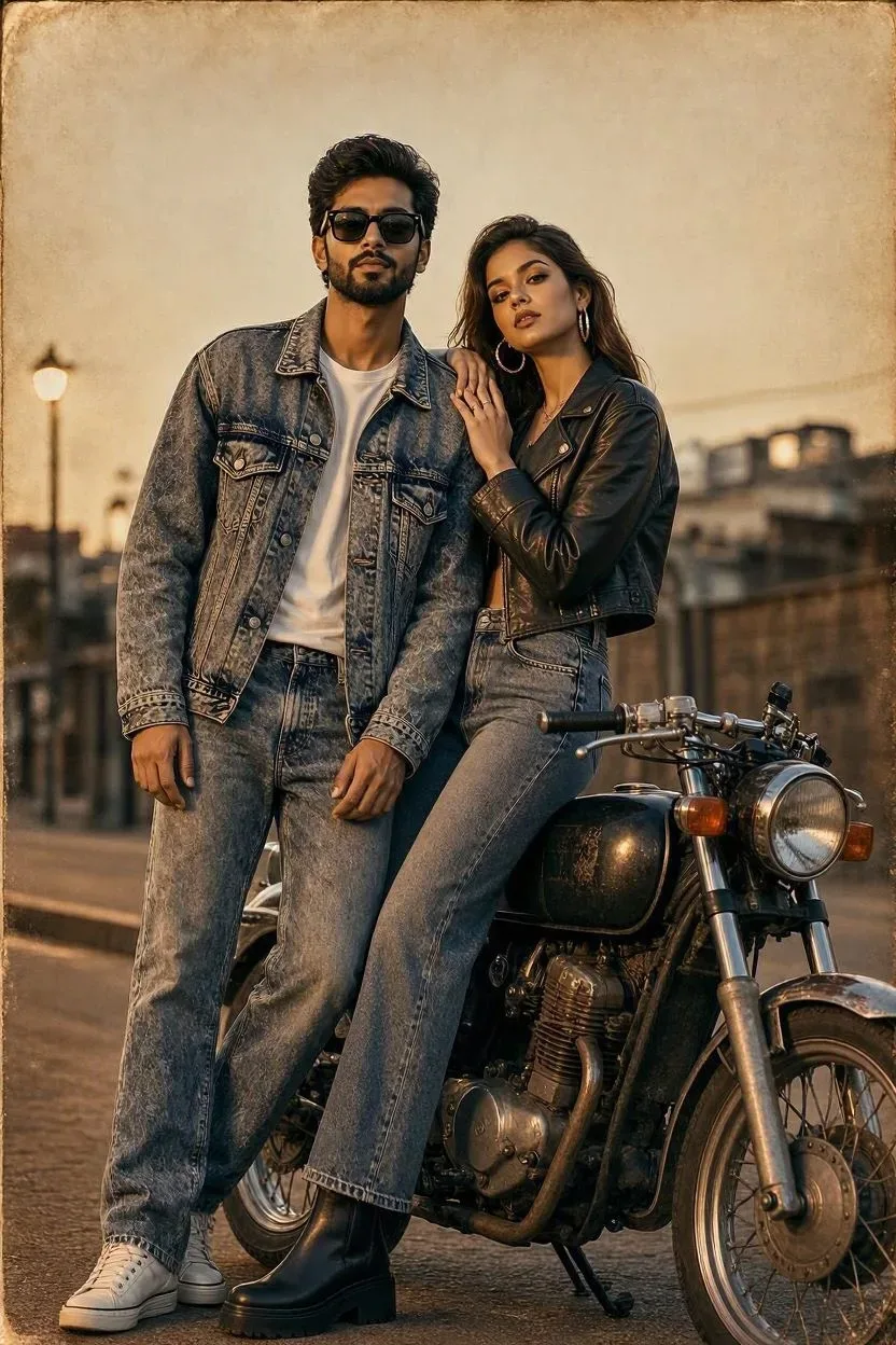 Golden Hour Retro: Modern South Asian Couple With 1990s Denim And Leather Vibe AI Photo Prompt preview example result