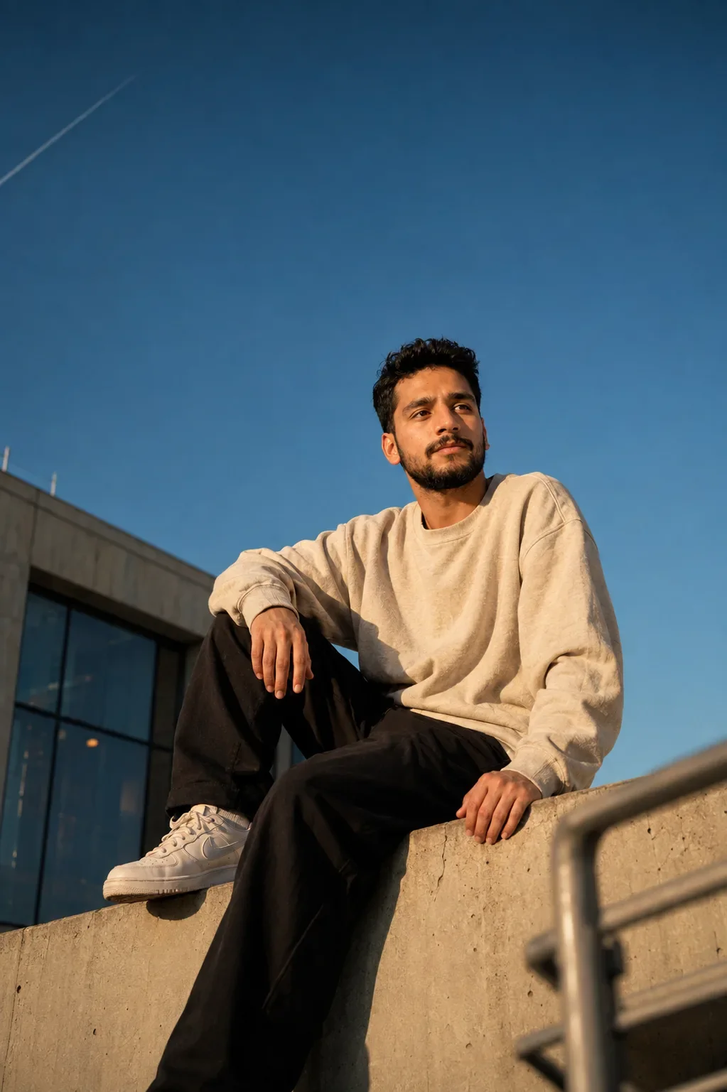 Golden Hour Rooftop Portrait Minimalist Lifestyle Editorial Photography AI Photo Prompt preview example result