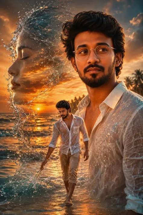 Golden Hour Water Splash Collage AI Photo Prompt preview example result