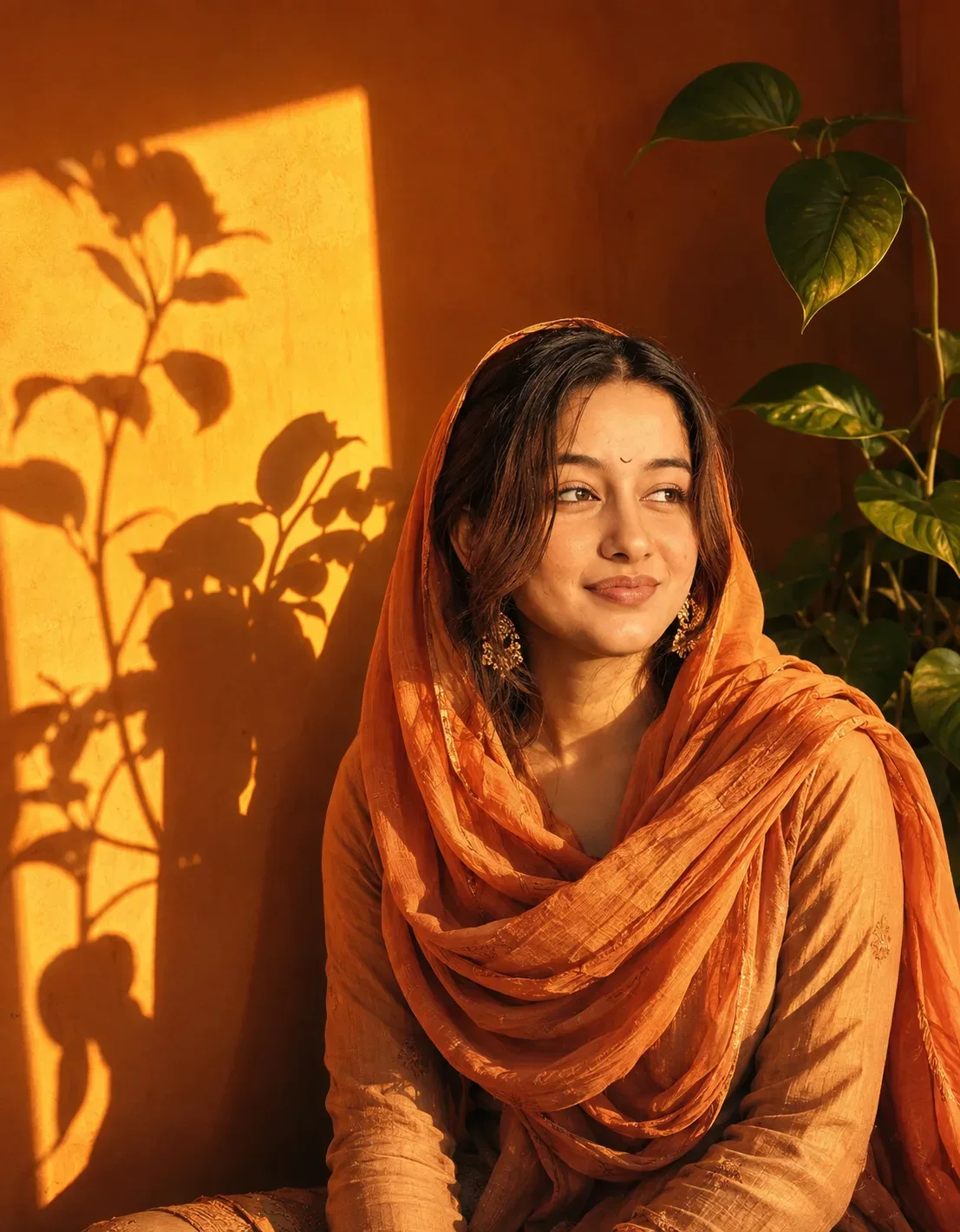 Golden Sunlit Portrait With Plant Shadows AI Photo Prompt preview example result
