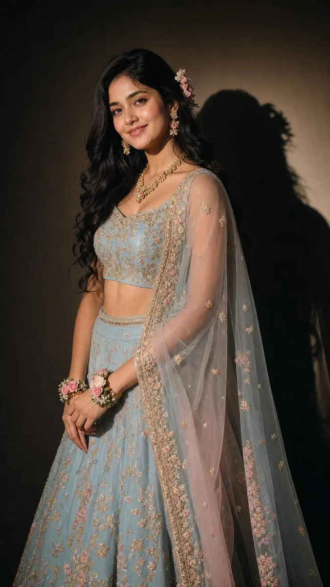 Graceful Indian Bride In Pastel Blue Embroidered Lehenga Portrait AI Photo Prompt preview example result