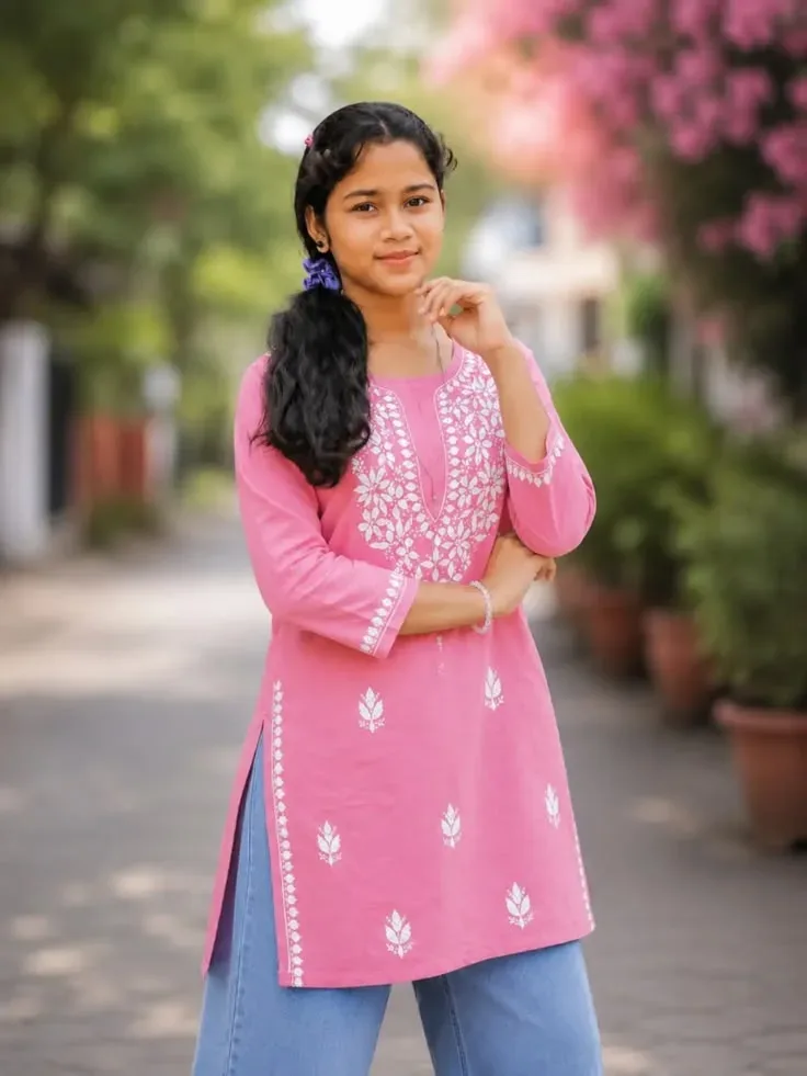 Graceful Outdoor Portrait In Pink Chikankari Kurti AI Photo Prompt preview example result