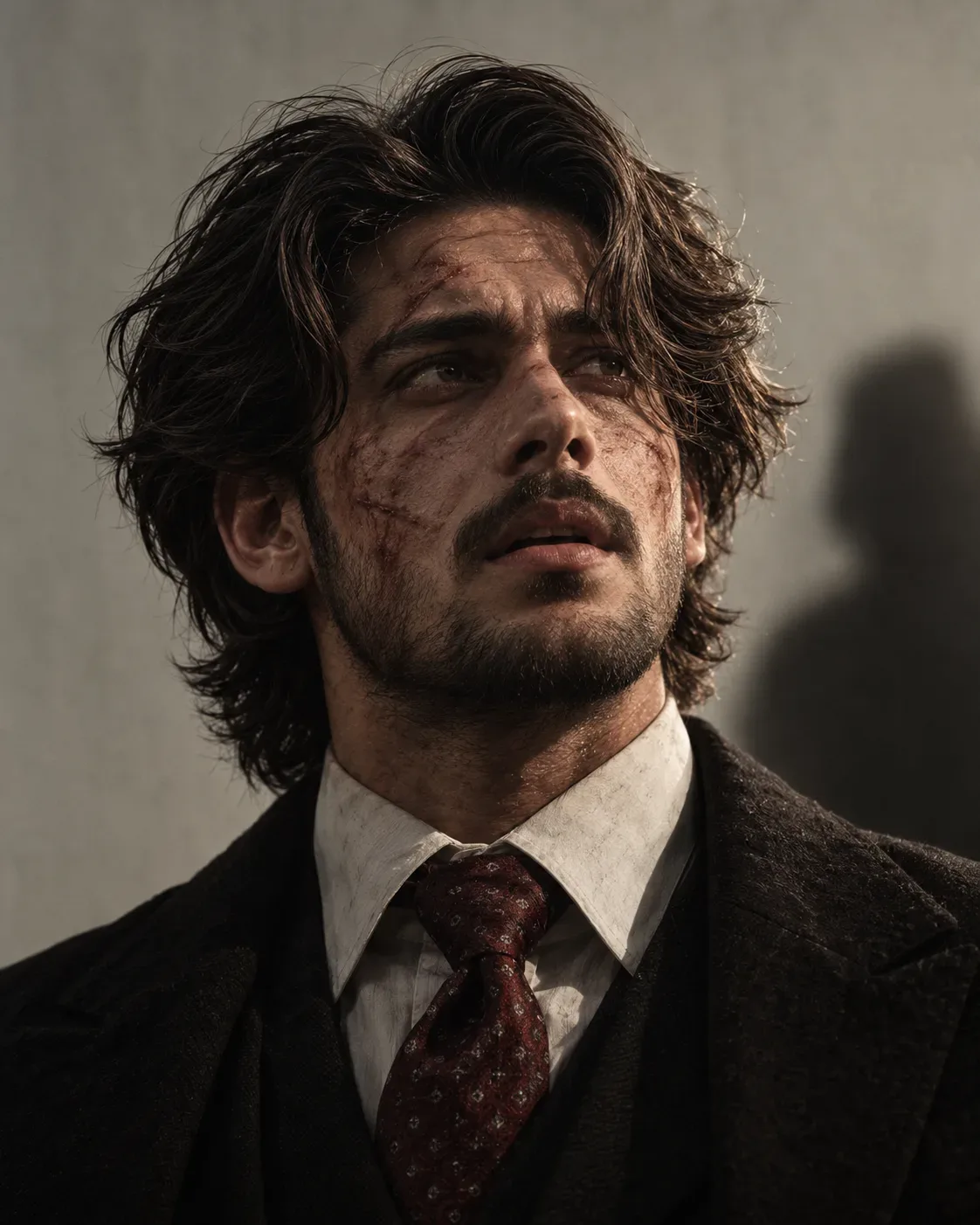 Gritty Cinematic Portrait Of A Wounded Gentleman AI Photo Prompt preview example result