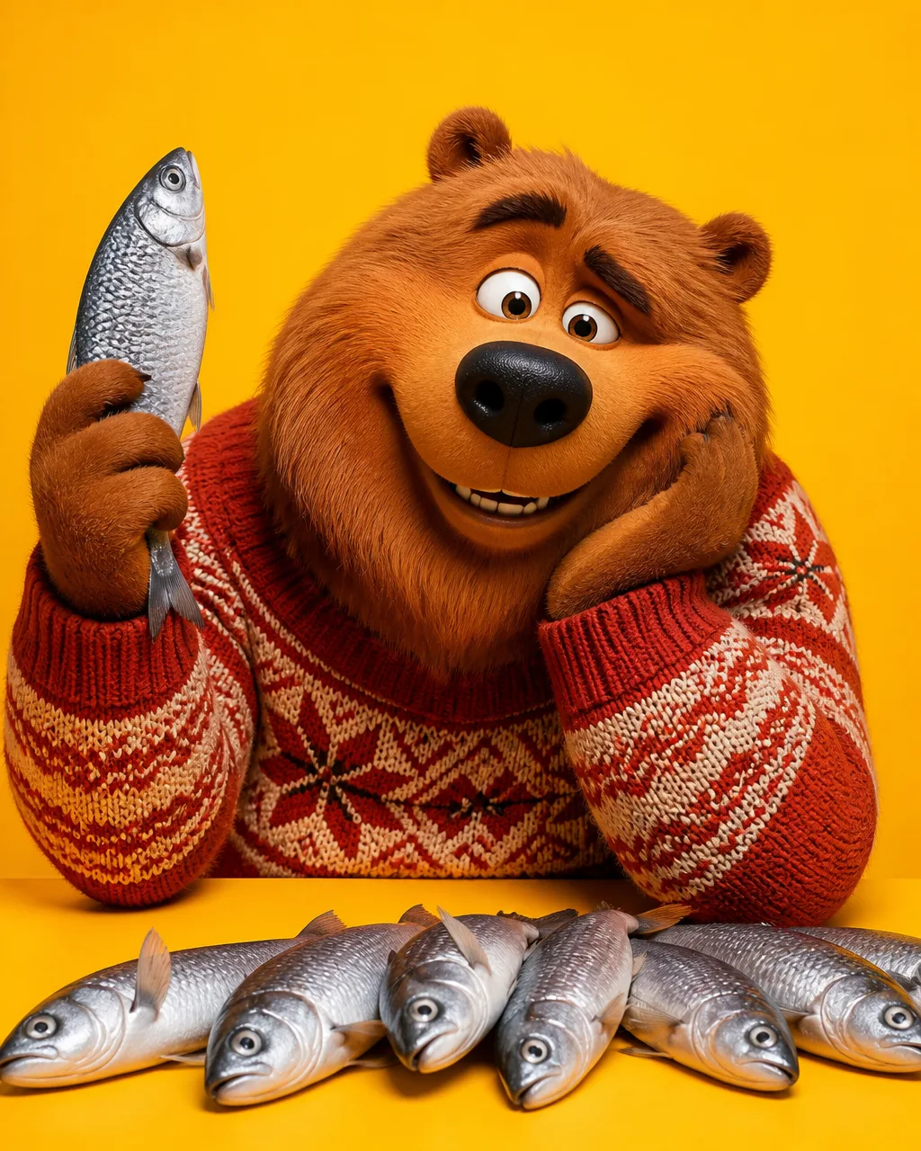 Grizzy Smiling While Holding A Fish AI Photo Prompt generated preview