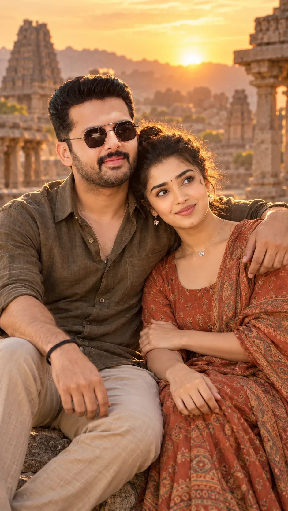 "hampi Ruins Golden Hour Editorial Couple Portrait" AI Photo Prompt preview example result